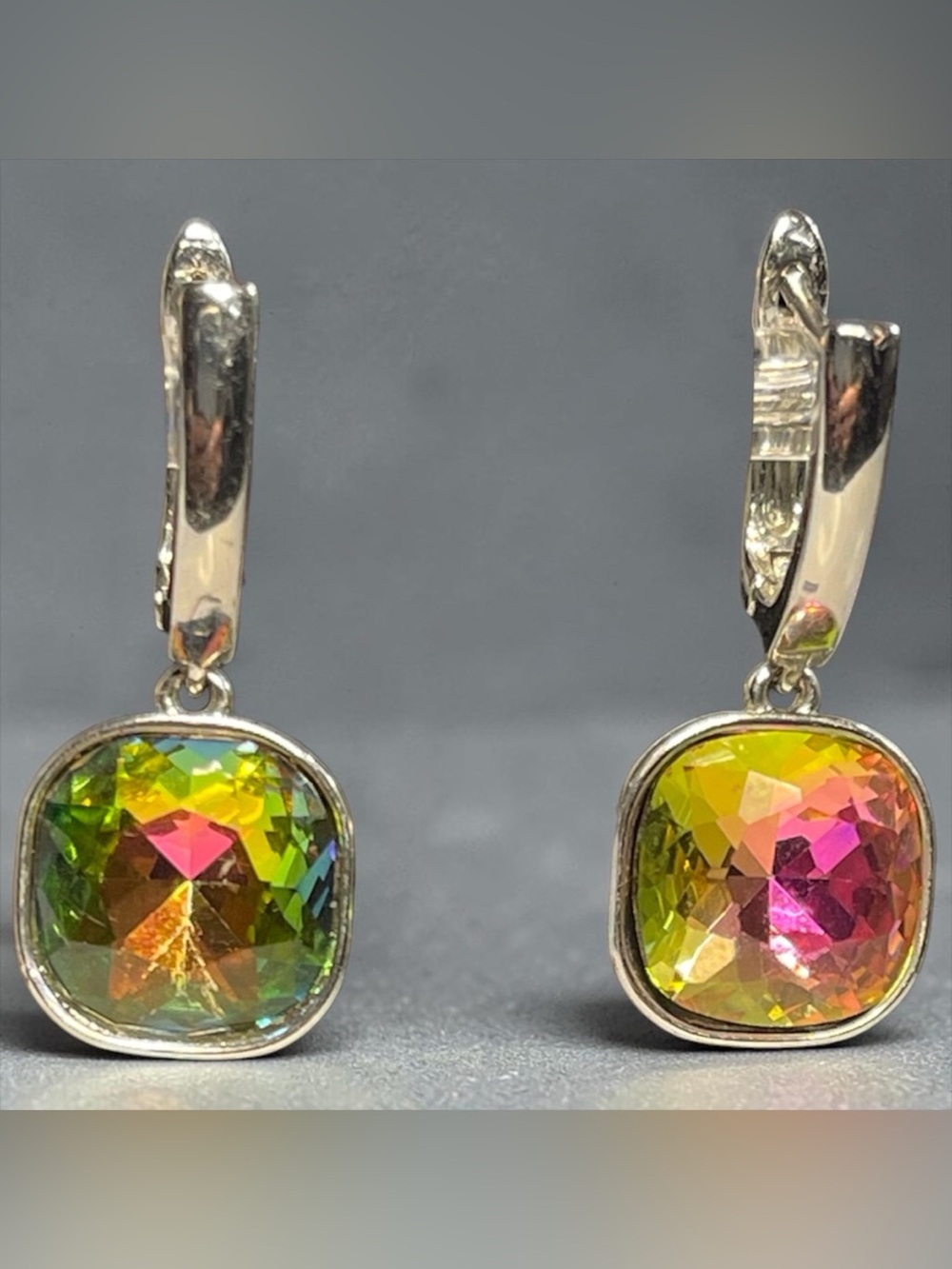 Rainbow Vitrail Crystal Leverback Silver Tone Iridescent Earrings